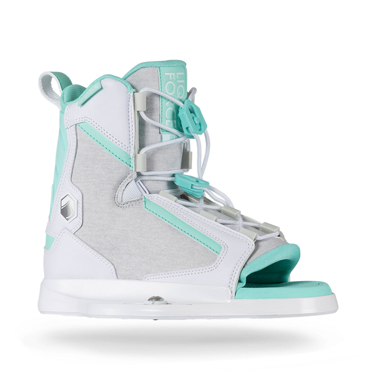 Wakeboard bindings in teal and gray with an open toe, straps, and an adjustable lace closure.