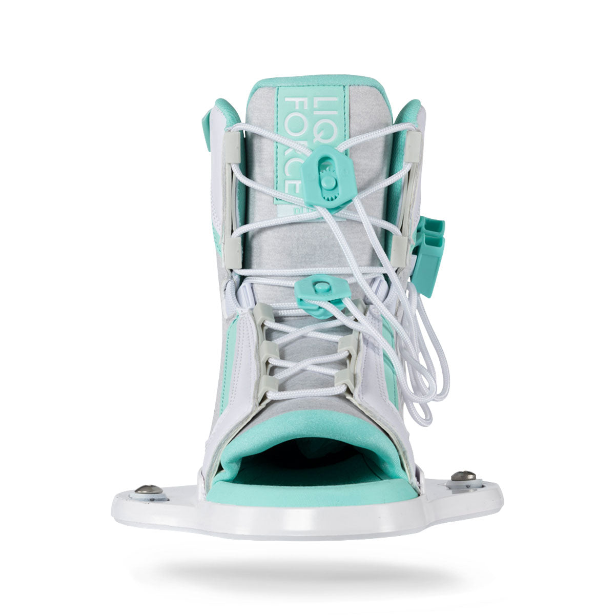Wake bindings in teal and white with laces, showcased front view on a white background.