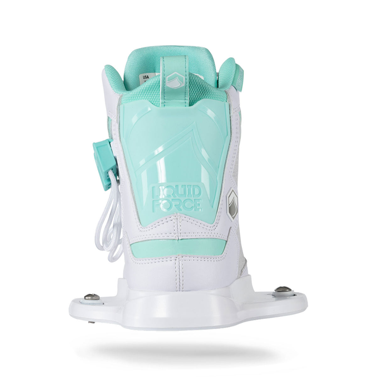 Back view of white and teal wakeboard bindings on a white background.