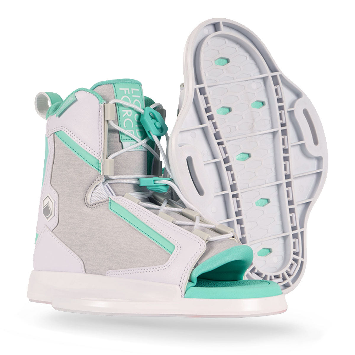 Wakeboard boots come in white and teal with a visible sole, traction design, and gray accents.
