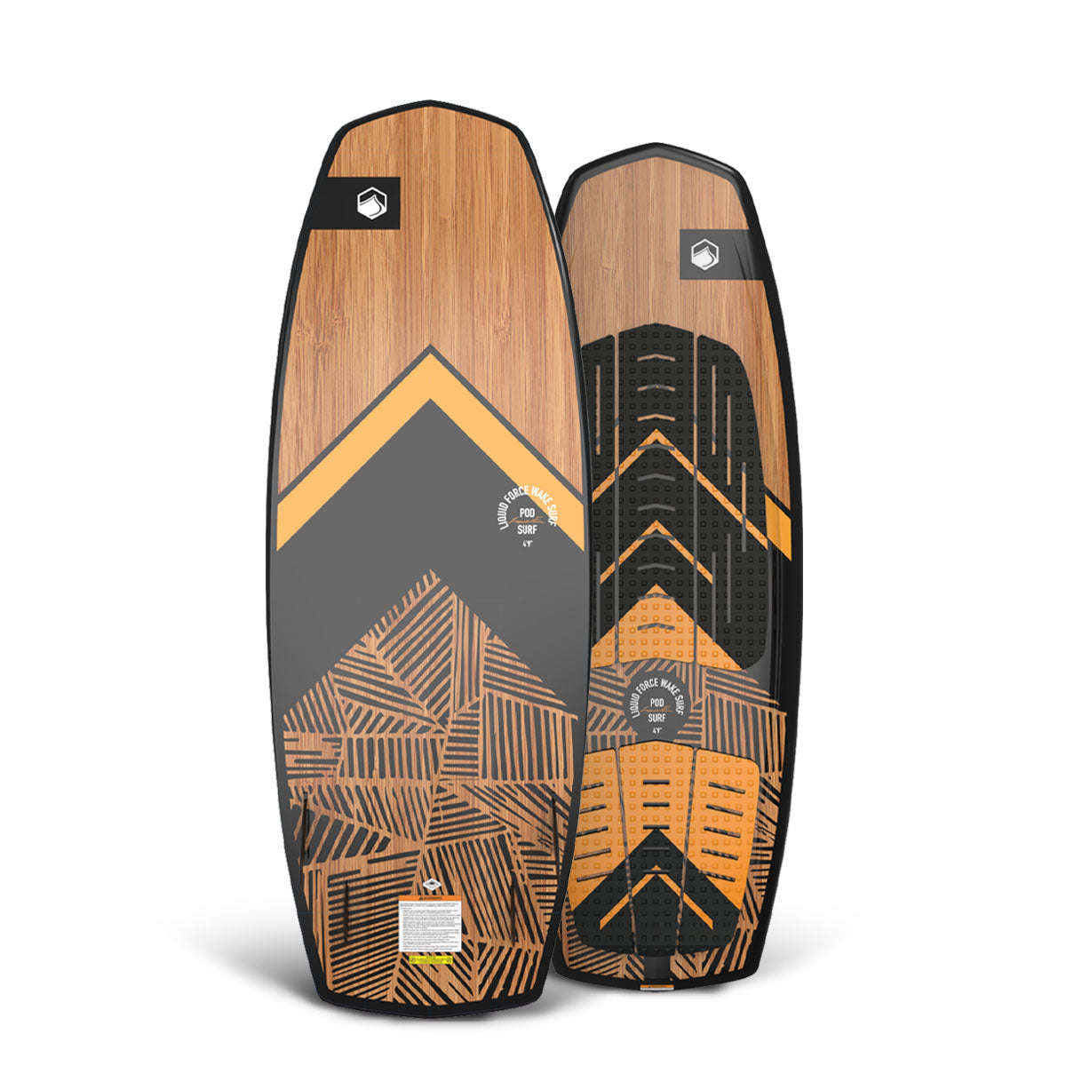 Top and bottom view of wakesurf board with detailed geometric designs and wood finish.