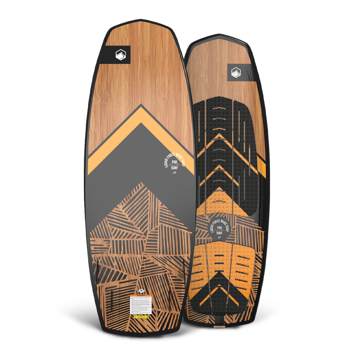 Top and bottom view of wakesurf board with black, orange, and wood geometric designs.
