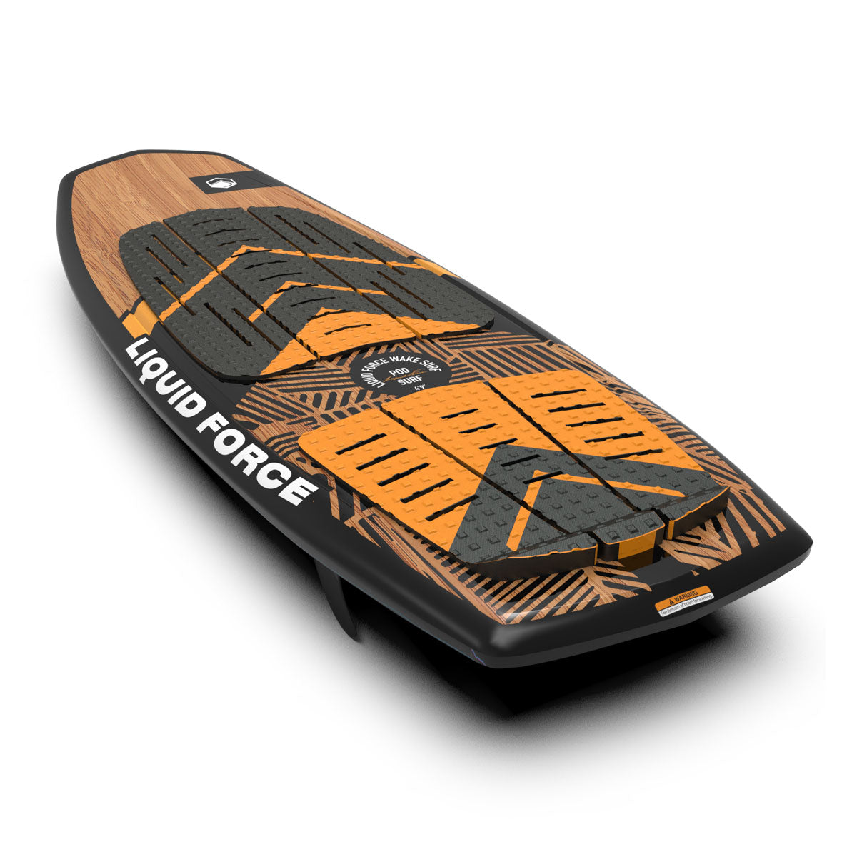 Liquid Force black & orange wake surfboard with geometric design.