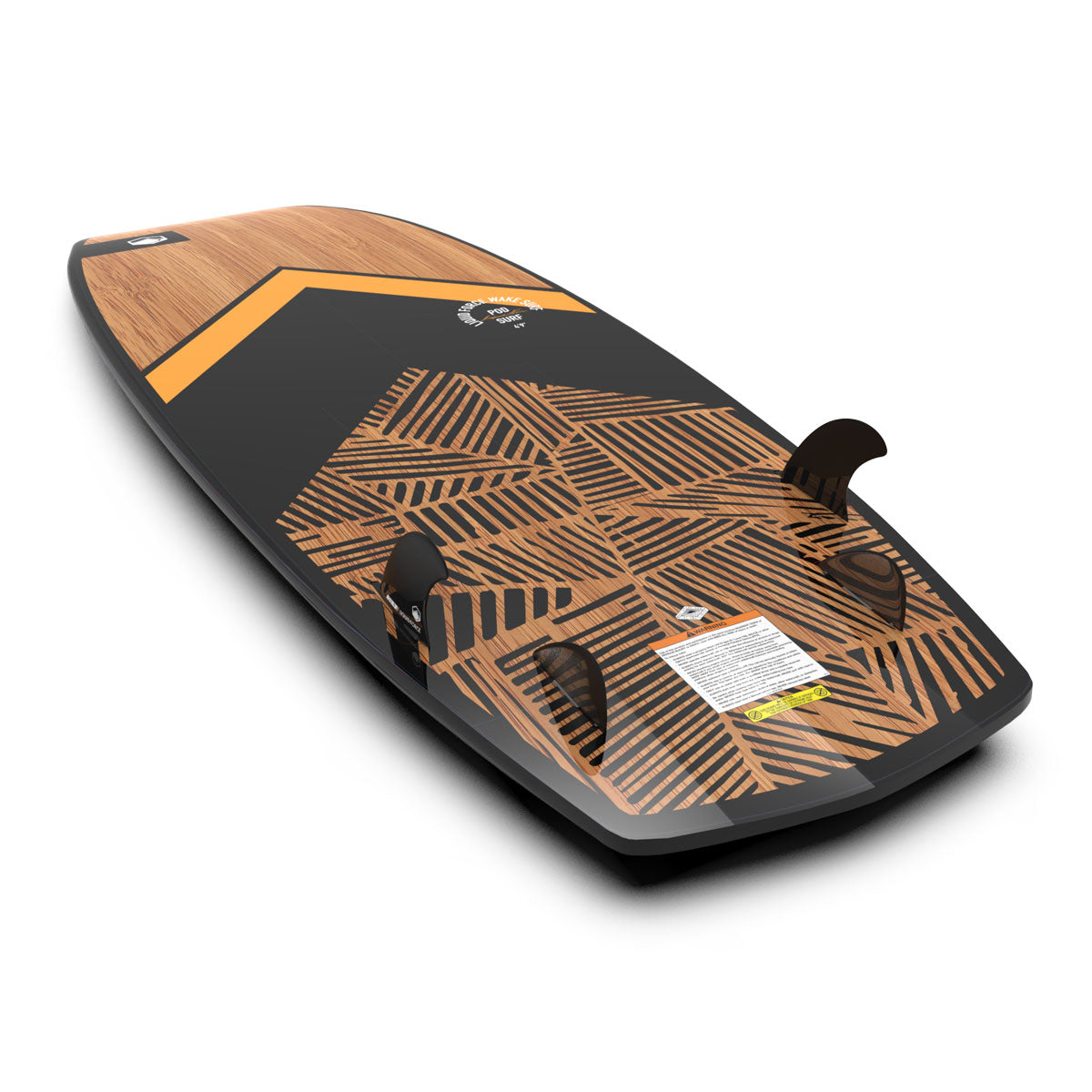 Bottom view of a wakesurfboard with black geometric patterns and three black fins, angled view.