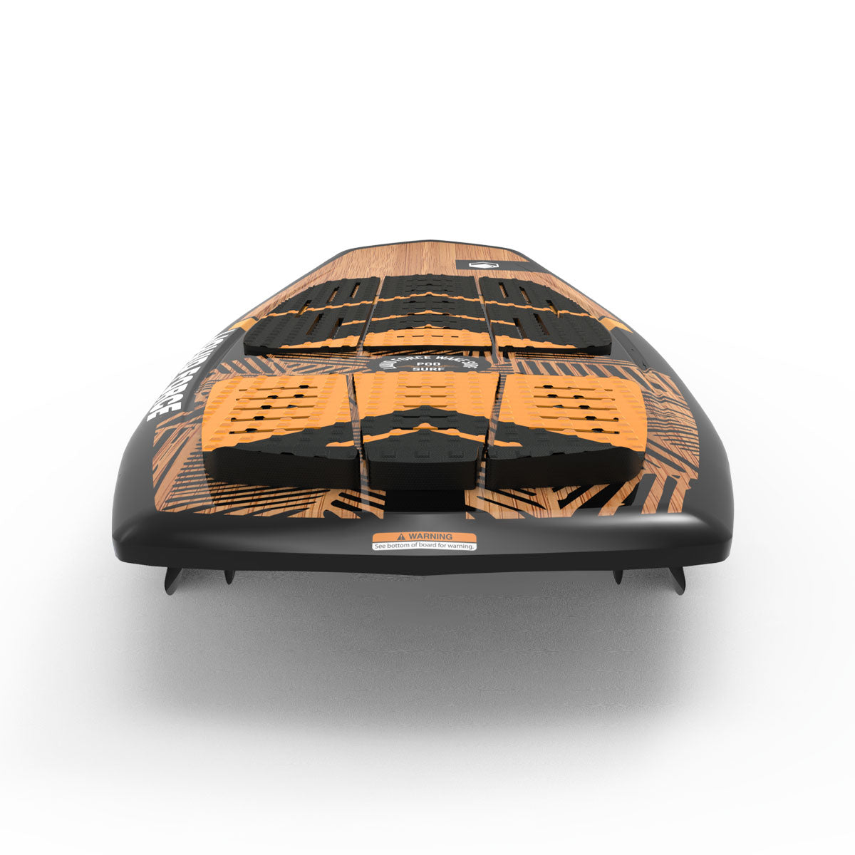 Black and orange surfboard with textured grip pads, viewed from the back.