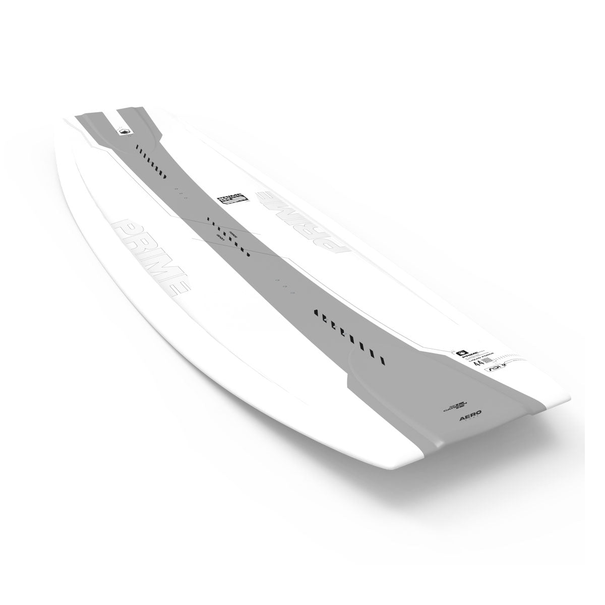 White and gray wakeboard showcasing a sleek design with curved edges against a white background.