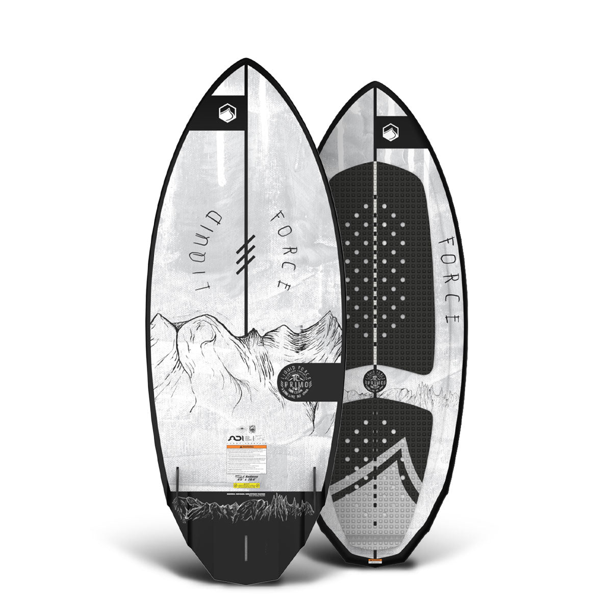 Top and bottom view of wakesurf board with mountain designs and FORCE. Perfect choice! Liquid Force.