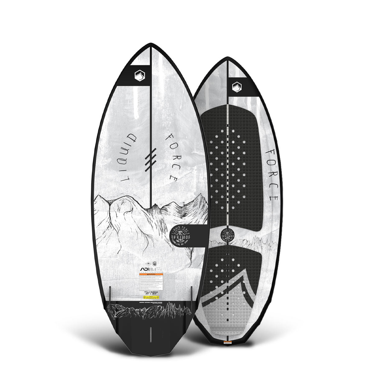 Top and bottom view of Liquid Force wakesurf board with mountain designs on gray backgrounds.