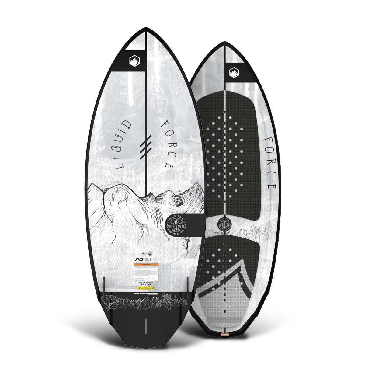 Top and bottom view of Liquid Force wakesurfer featuring mountain graphics.
