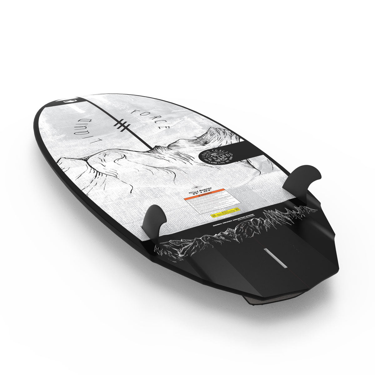 Liquid Force wakesurf board, mountain graphic, black fins on white.