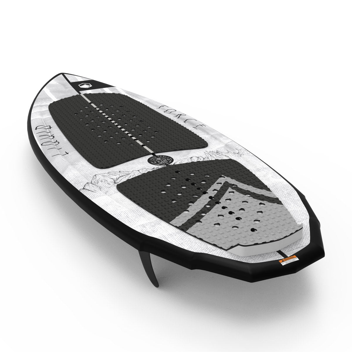 Liquid Force wakesurf board: black/white with green traction pads and intricate designs.