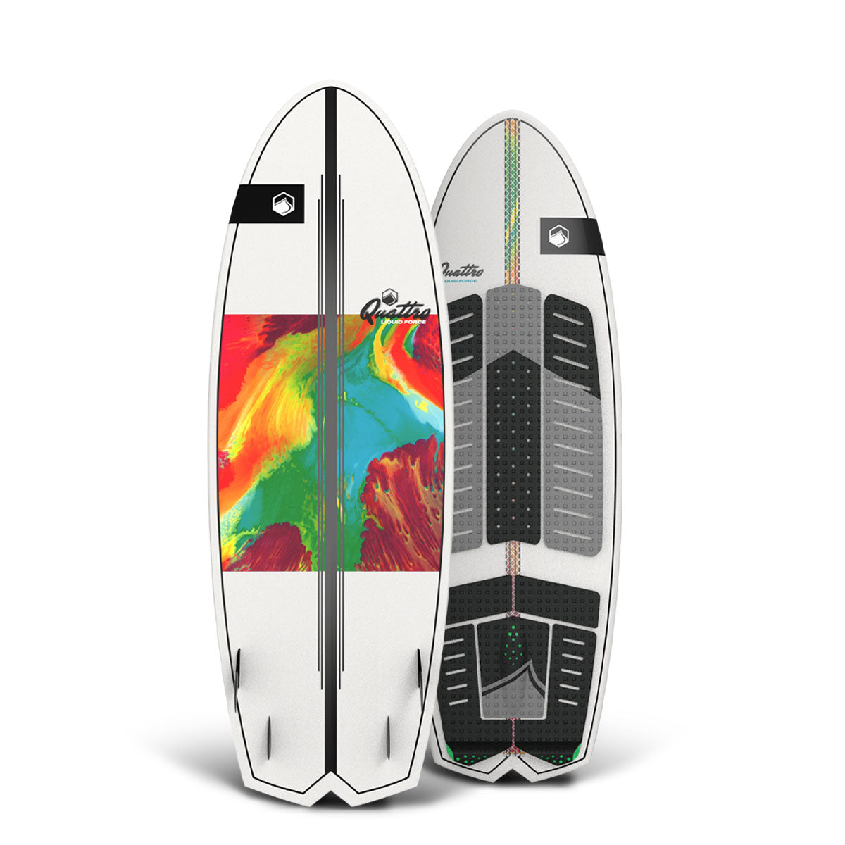Top and bottom view of wakesurf board, colorful art and black grip pads, stand upright.