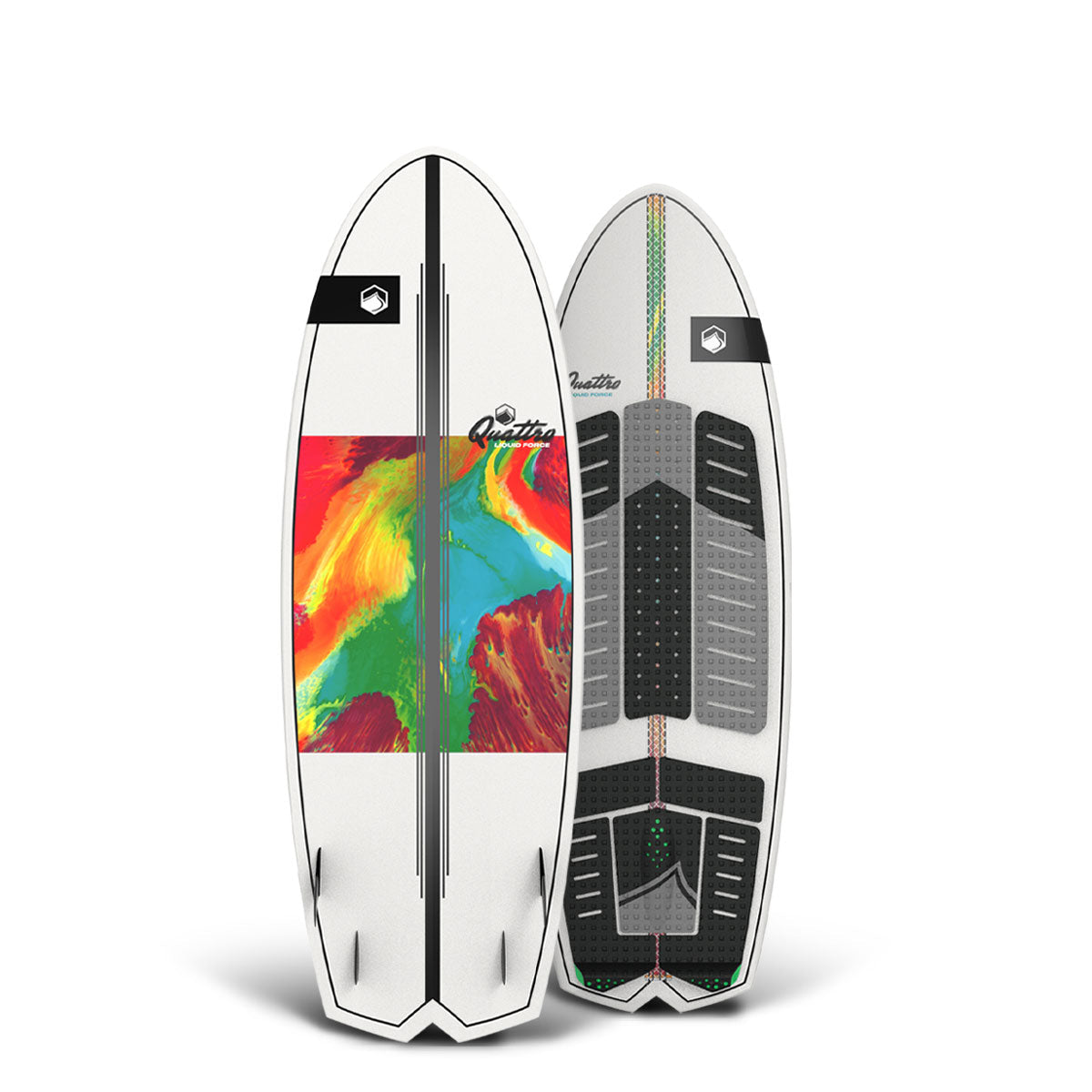 Top and bottom view of wakesurfer with vibrant designs and grey/black traction pads.