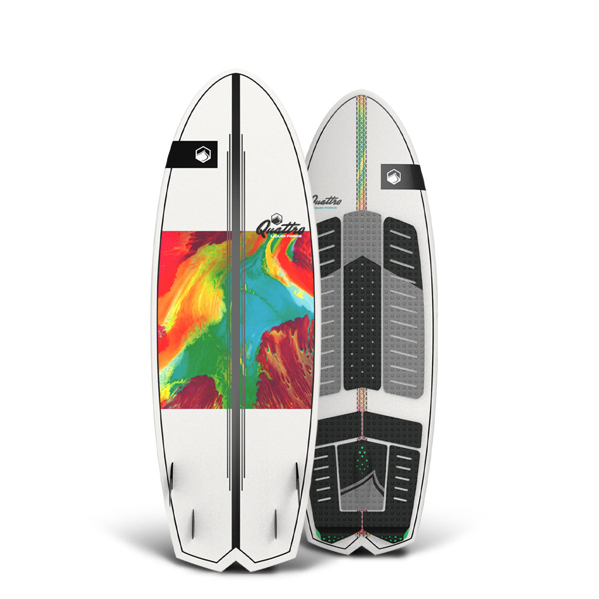Top and bottom view of wakesurf board with abstract designs and black fins.