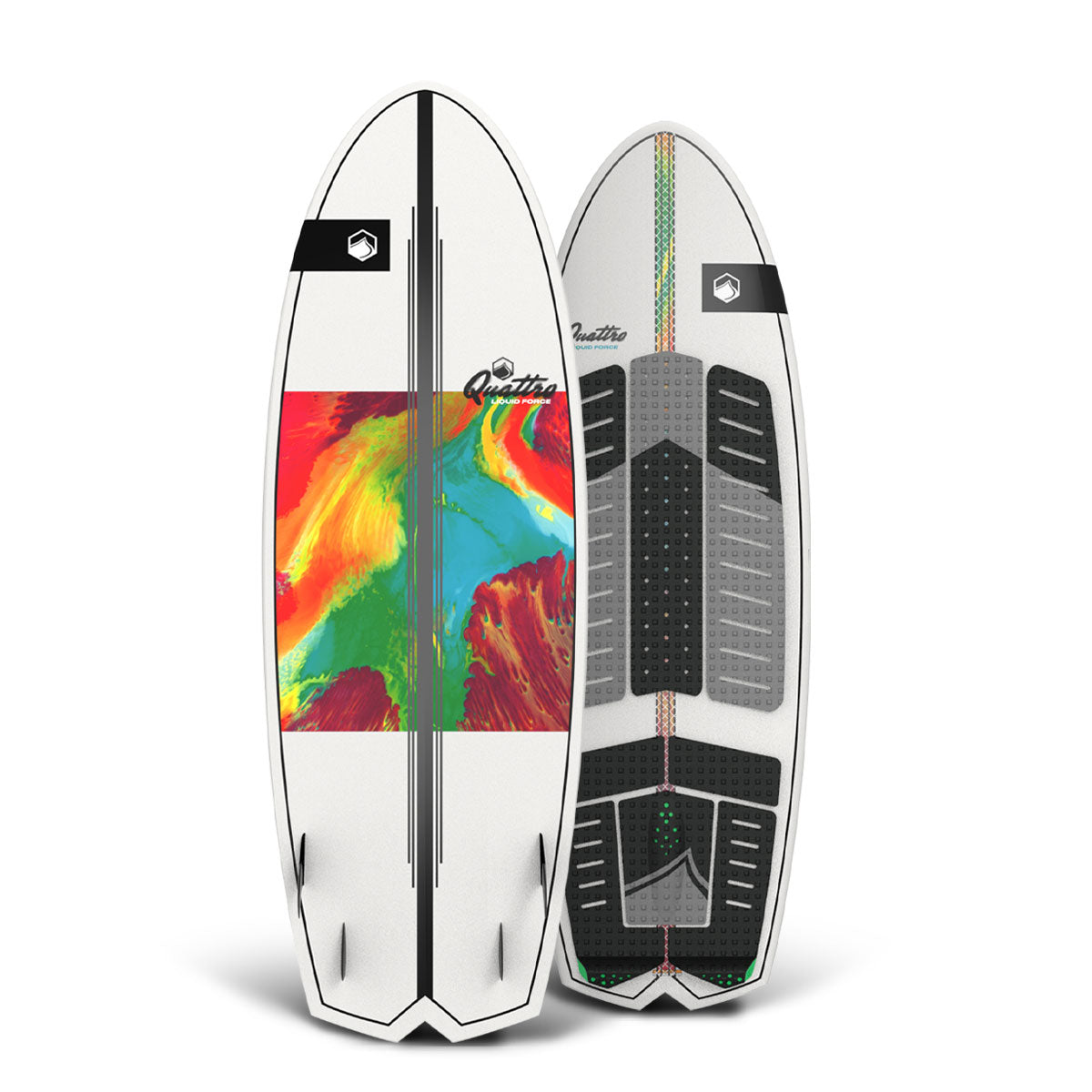 Top and bottom view of wakesurfer with vibrant designs and black traction pads.