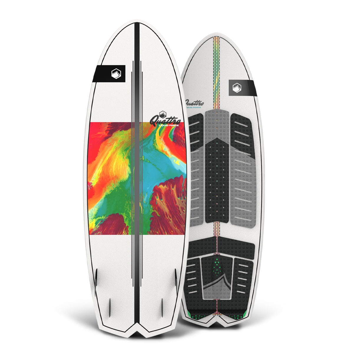 Top and bottom view of wakesurf board, white with vibrant designs and black grips.