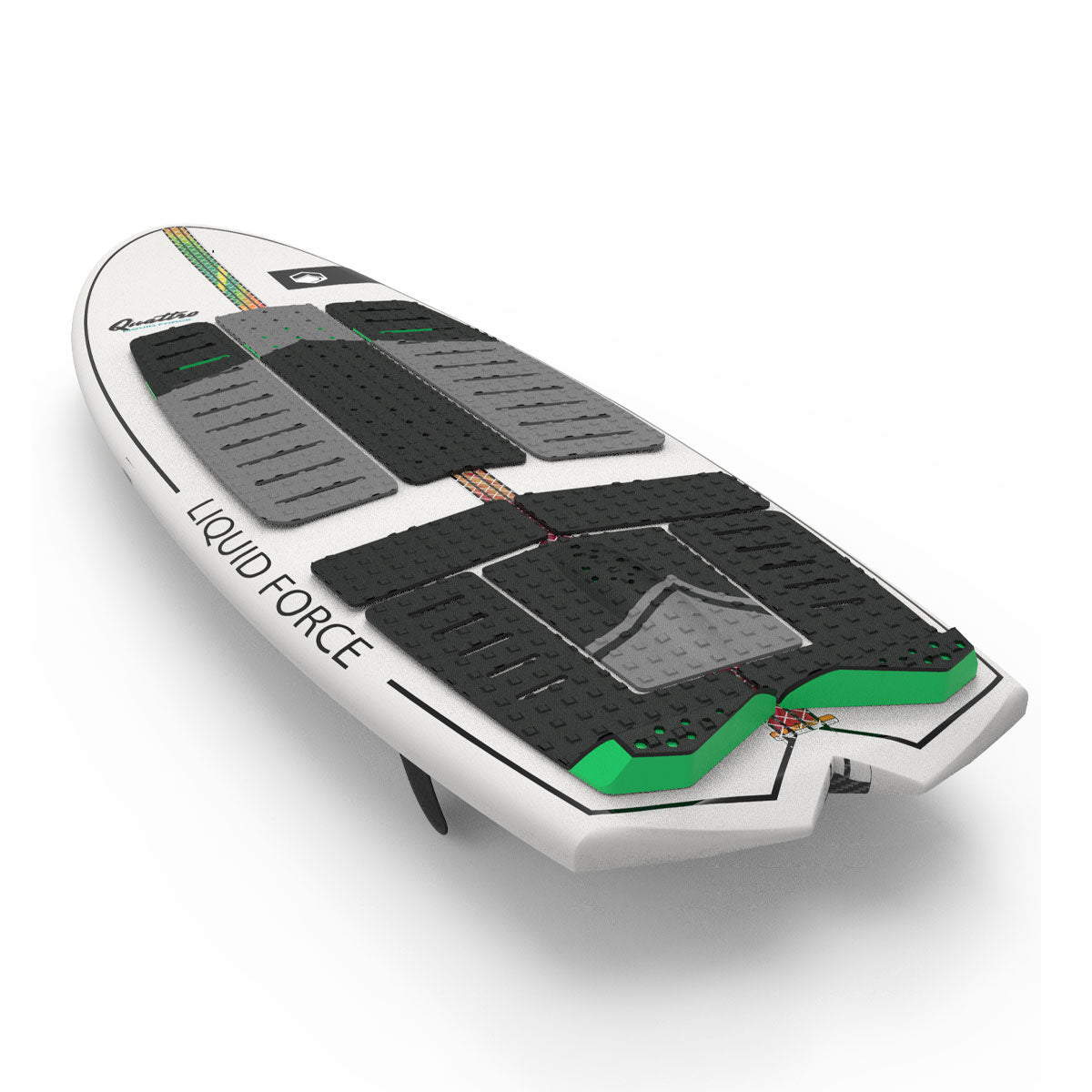 White and green wakesurf board with black traction pads.