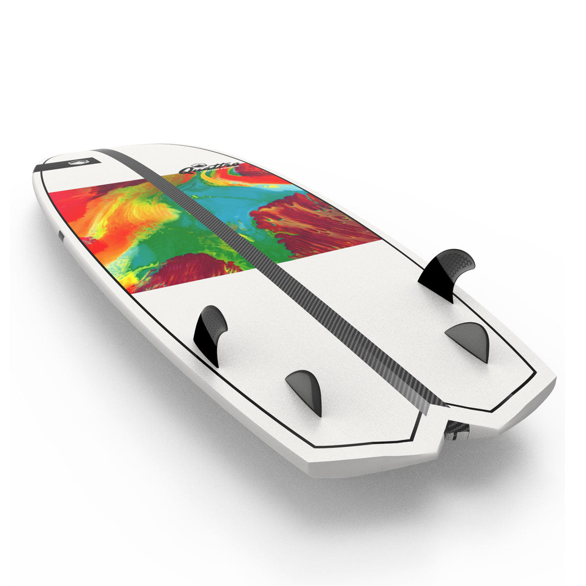 Wakesurf board with vibrant abstract design, featuring three fins - underneath view.