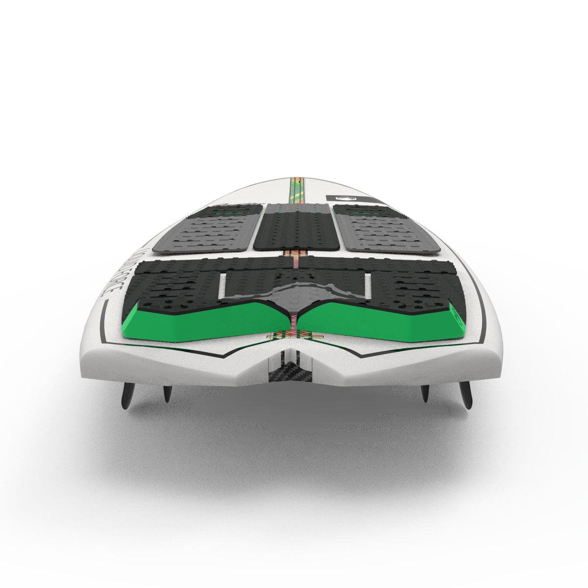 Rear view of a wakesurf board featuring green/black accents and black/grey traction pad.