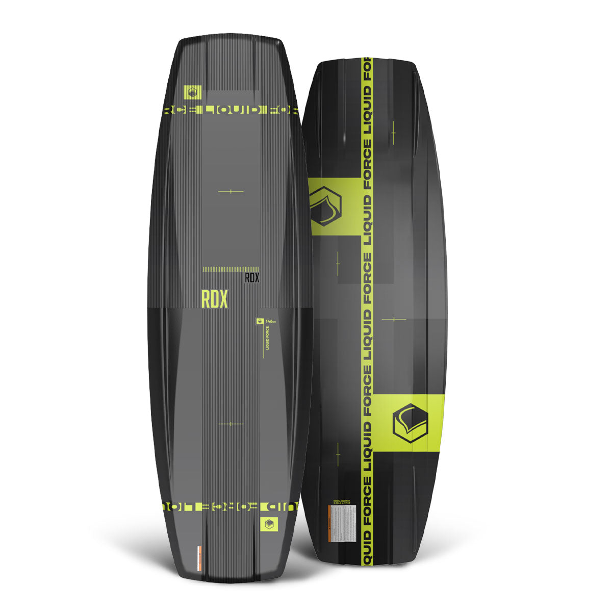 Top and bottom view of black RDX wakeboards with green accents, featuring Liquid Force branding.