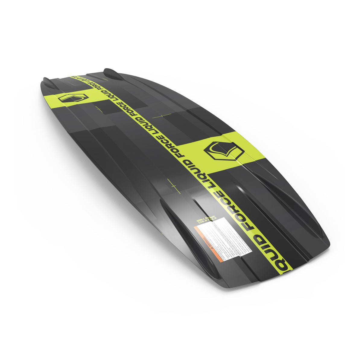 Black and green Liquid Force RDX wakeboard with logo and graphics from an overhead perspective.