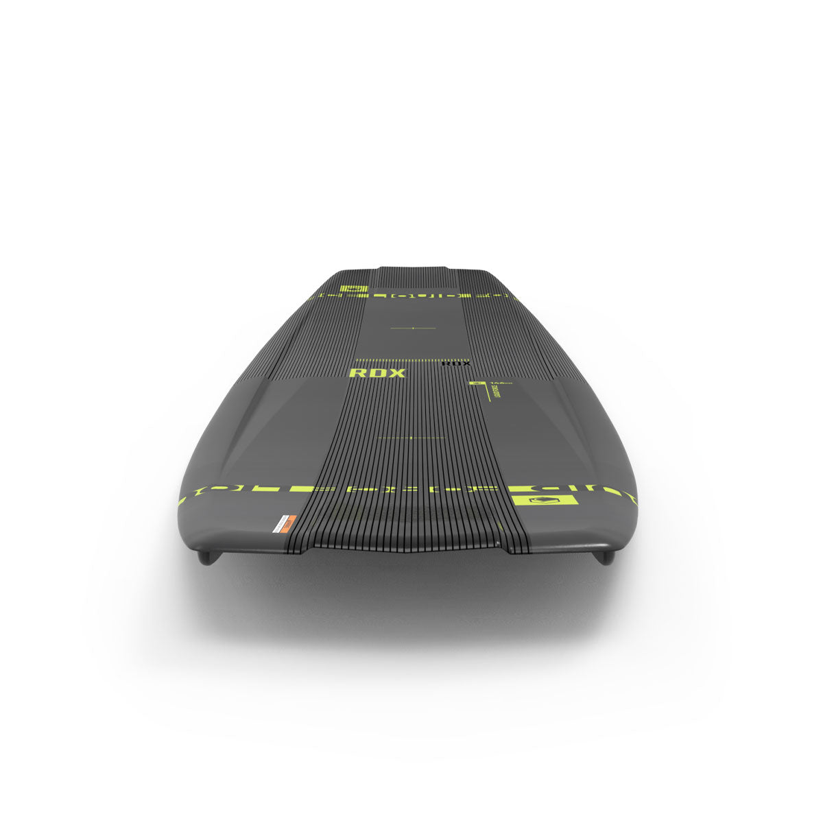 Liquid Force RDX: A sleek black and green wake foil board on a white background.