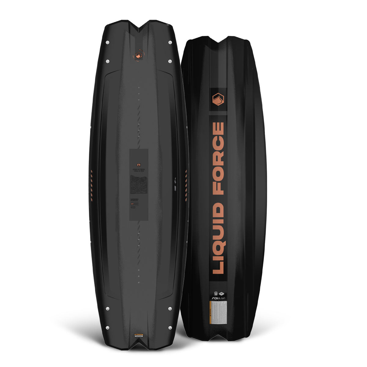 Top and bottom view of Remedy AERO wakeboard by Liquid Force stand upright, revealing top and bottom views with bold orange branding.