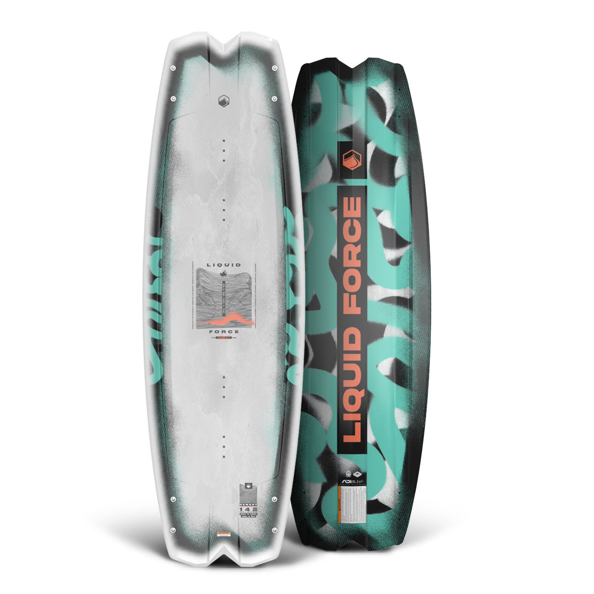 Top and bottom view of Remedy wakeboard by Liquid Force showing front and back in a stylish teal, black, and white design.
