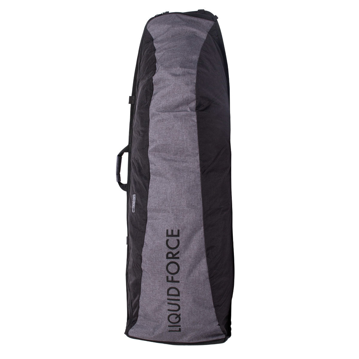 Gray and black Roll-Up Wheeled Board Bag stands upright.