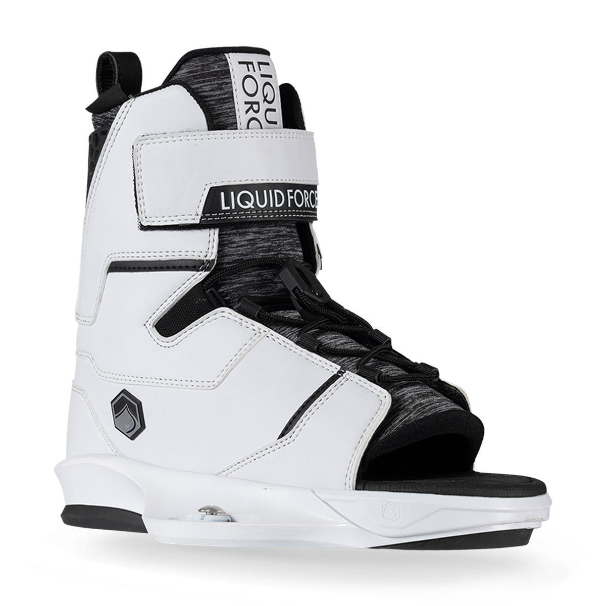 Front angled view of a white and black wakeboard binding with an open toe design, adjustable straps, and a prominent logo on the tongue and side.