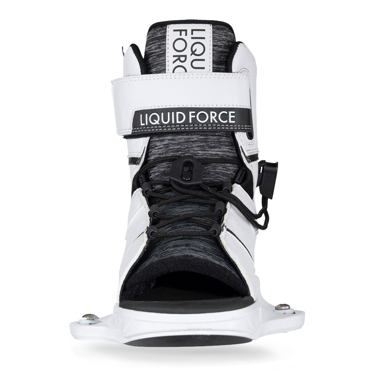 White and black wakeboard boot with lace-up front and adjustable strap for secure bindings.