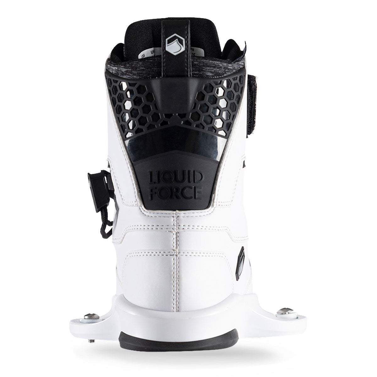 Rear view of white wakeboard boot with black accents on heel.