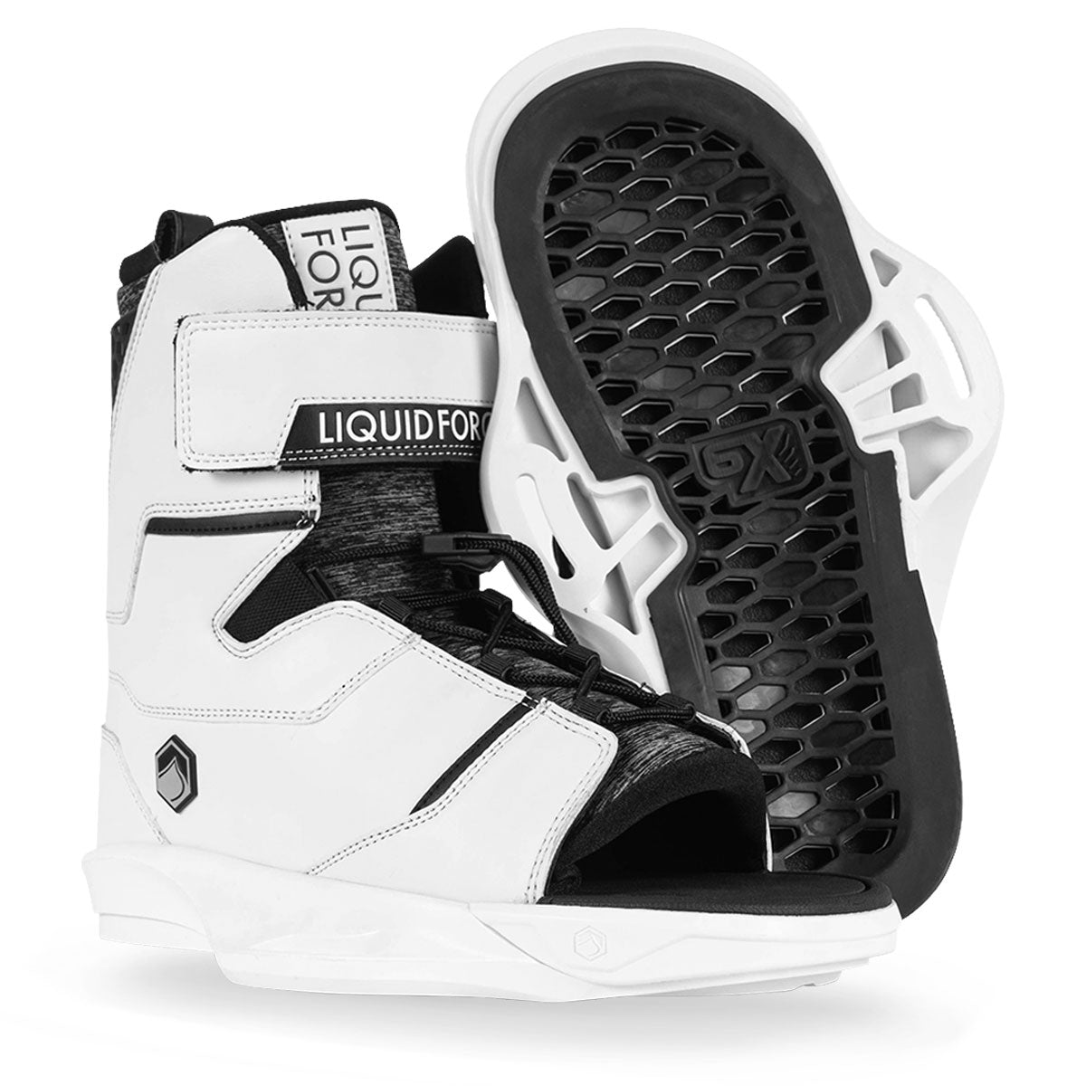 White and black wakeboard bindings with open-toe design and Velcro Strap, laces, and honeycomb-patterned base.