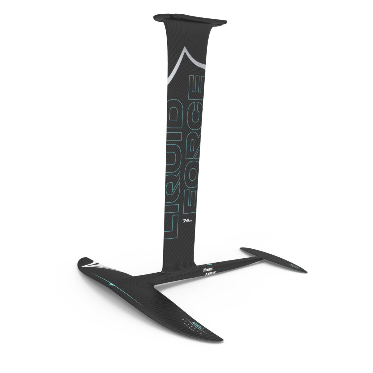 Liquid Force black Carbon Stratus 725 FuseLock hydrofoil kit with white and teal accents.