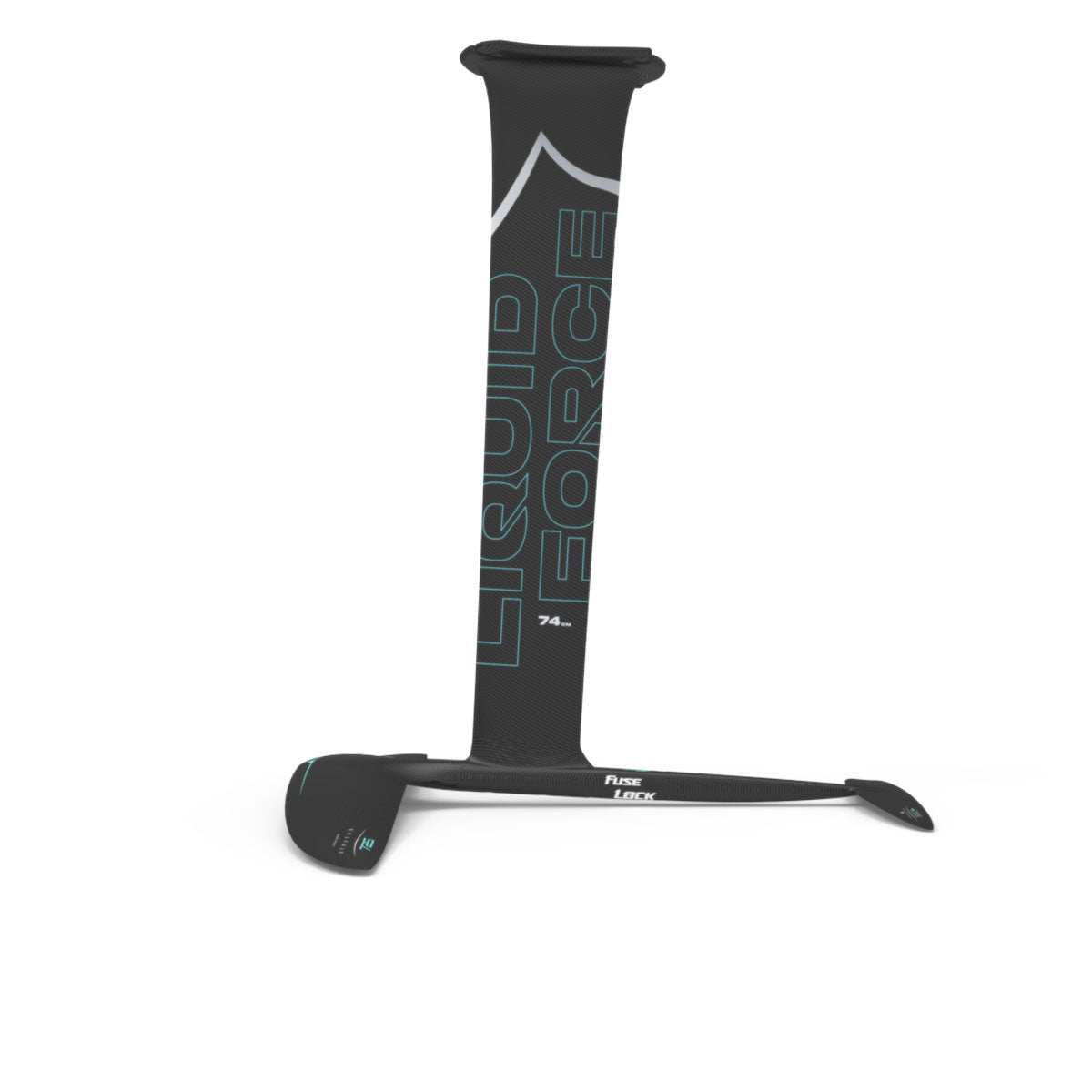 Side profile view of Liquid Force black Carbon Stratus 725 FuseLock hydrofoil kit with white and teal accents.