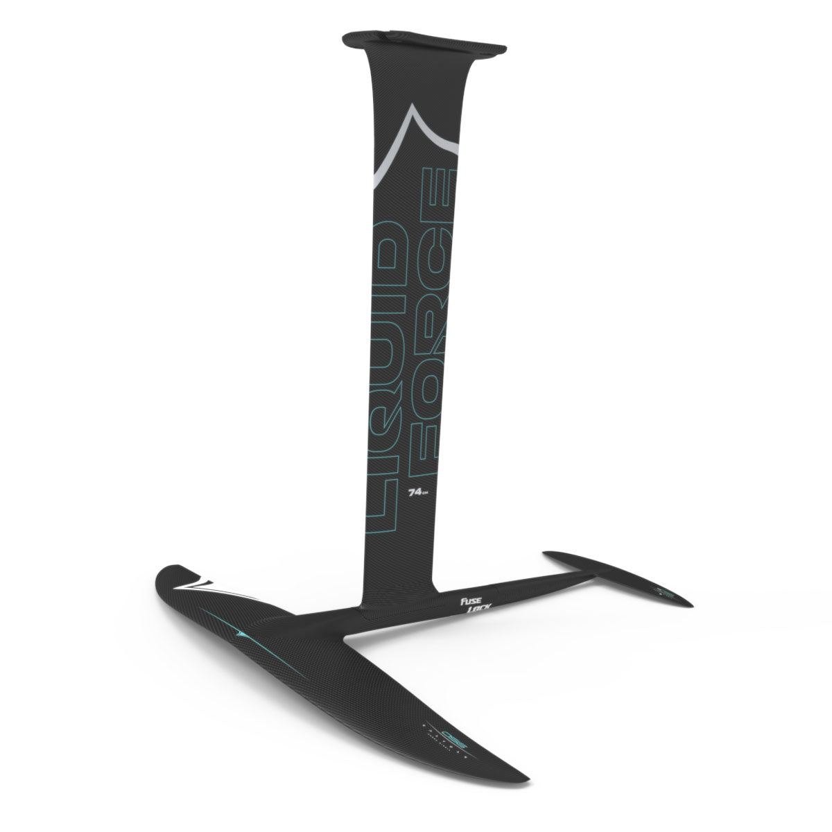 Front angle view of a black carbon fiber hydrofoil featuring a high-performance front & rear wing for foiling enthusiasts.