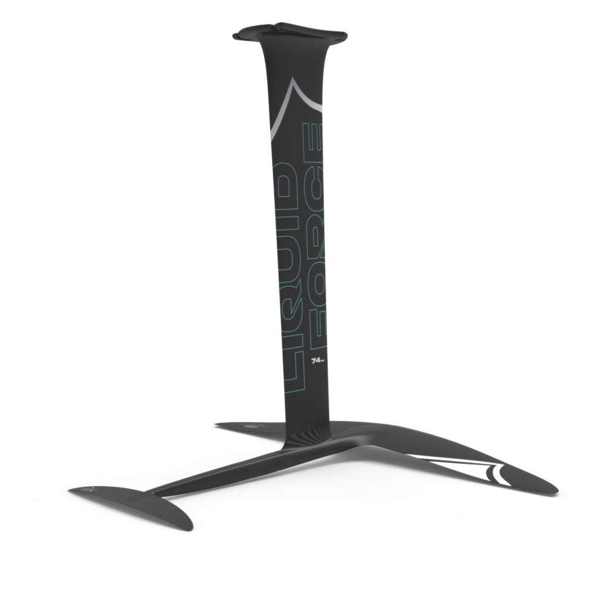 Rear angle view of a black carbon fiber hydrofoil with a high-performance rear & front wing, perfect for wake foiling.
