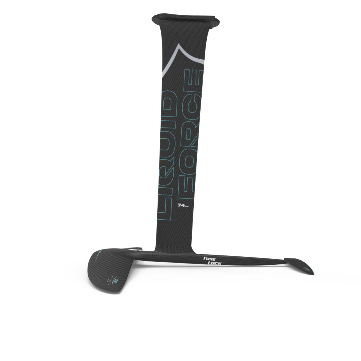 Side view of a black carbon fiber hydrofoil with LF logo on the mast, showing the front & rear wings.