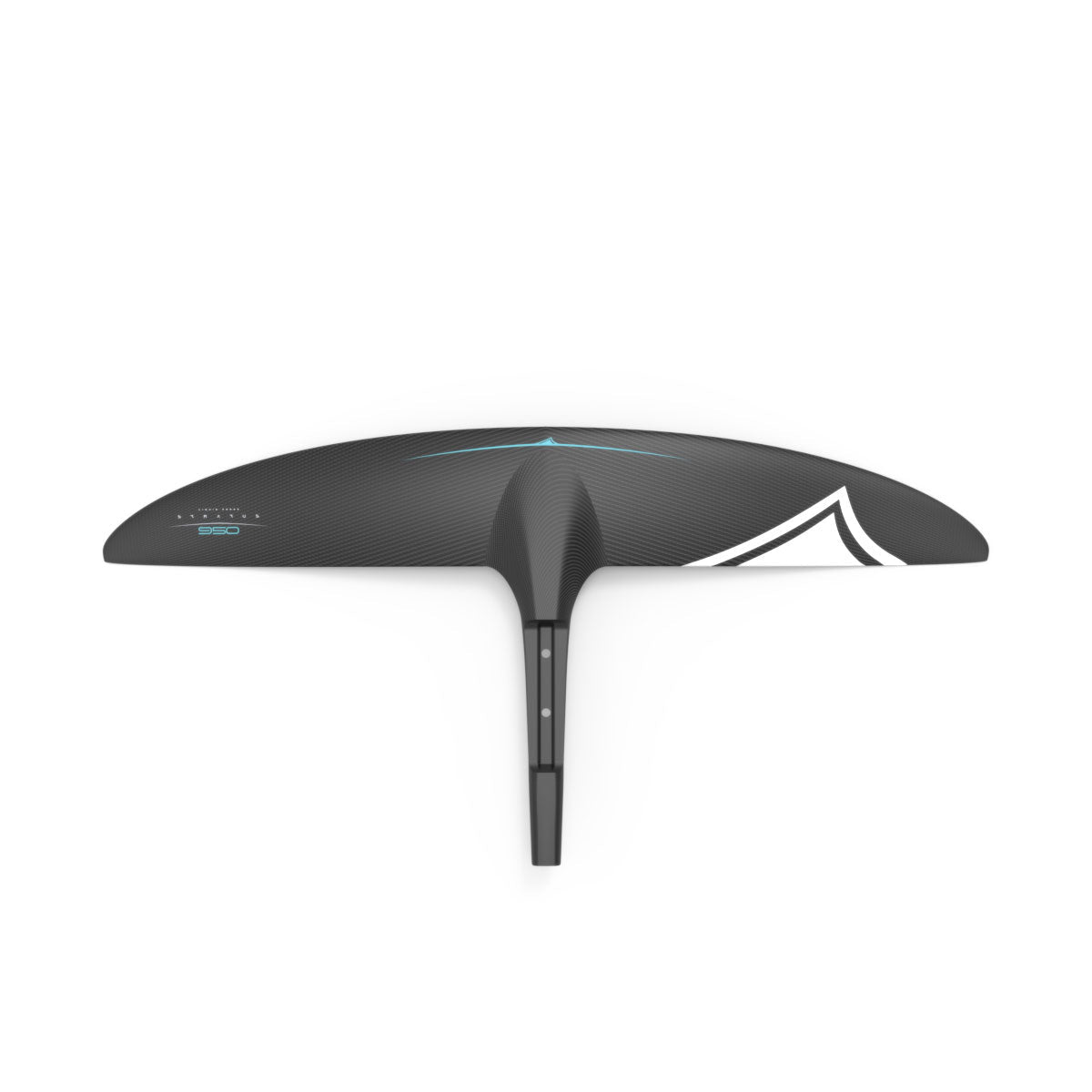 Top view of a black Carbon Stratus 950 FuseLock Front Wing features with teal and white accents, against a black background.