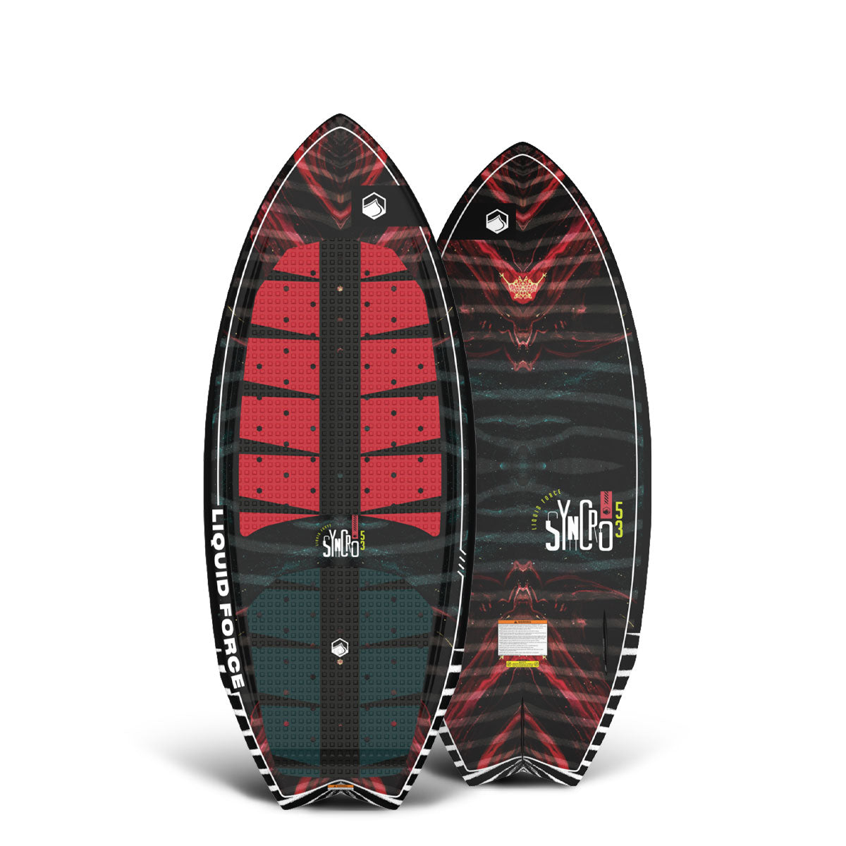 Top and bottom view of Liquid Force wakesurf board with red and black abstract designs and brand logos.