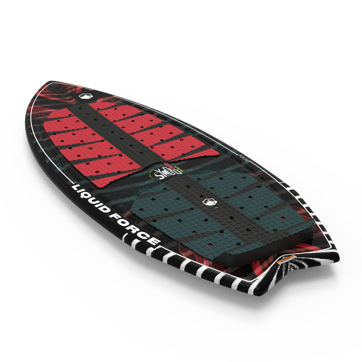 A Liquid Force wakesurfer in black/red with striped edges.