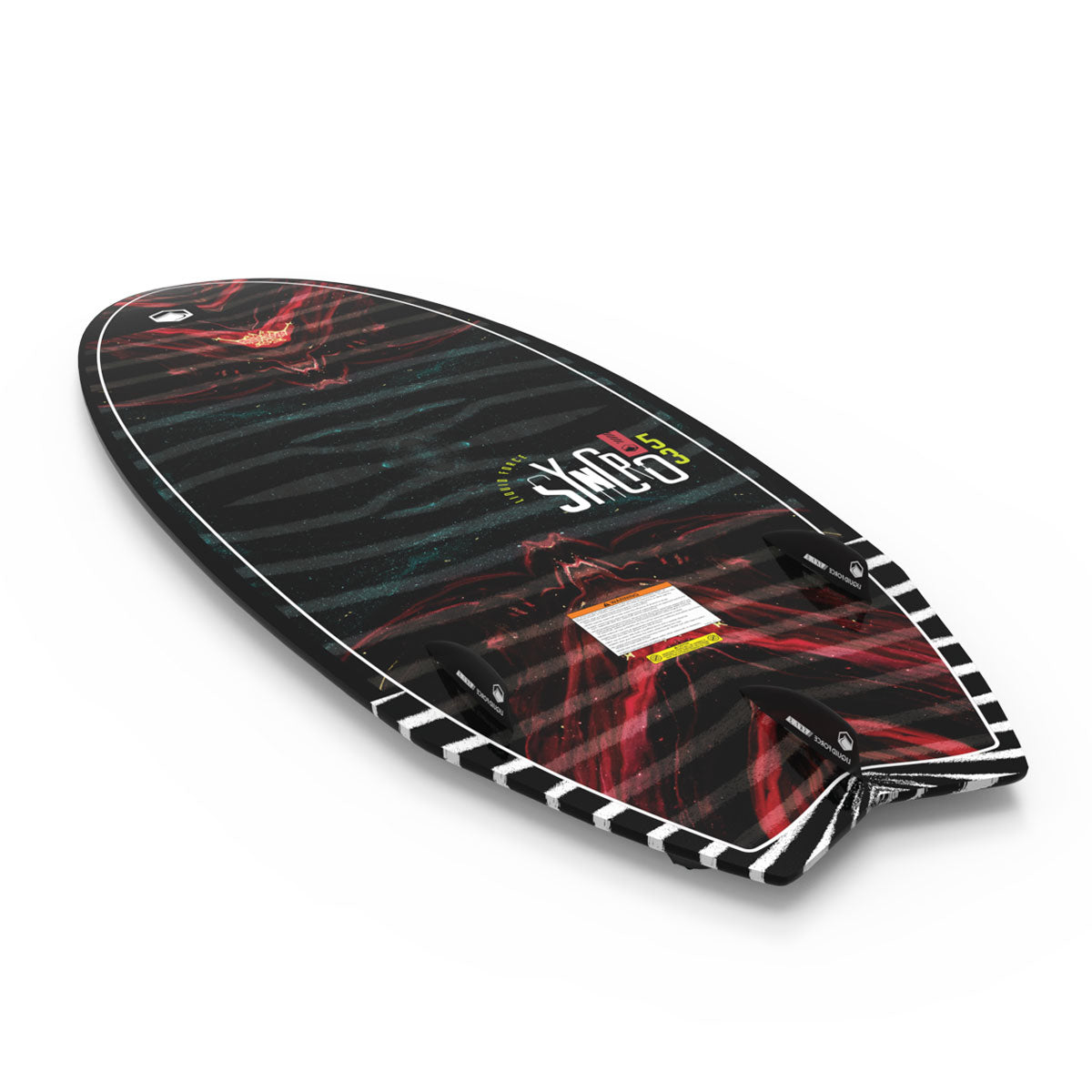 Liquid Force black & red wakesurf board with striped edges and a top logo.