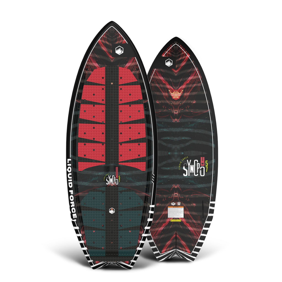 Top and bottom view of abstract pattern Liquid Force Syncro wakesurf board in vibrant colors.