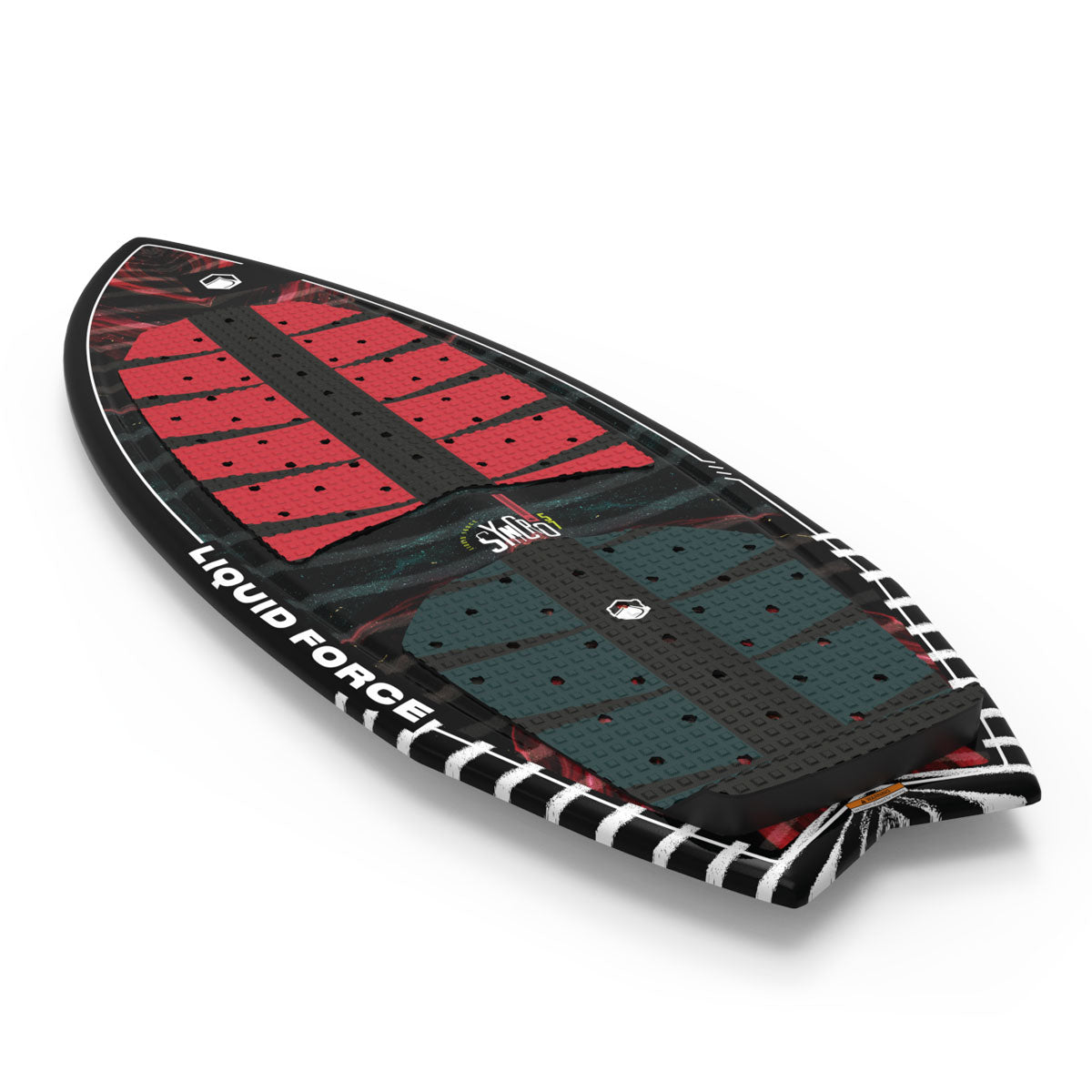 Black, red, and green wakesurfer with Liquid Force branding on the side.
