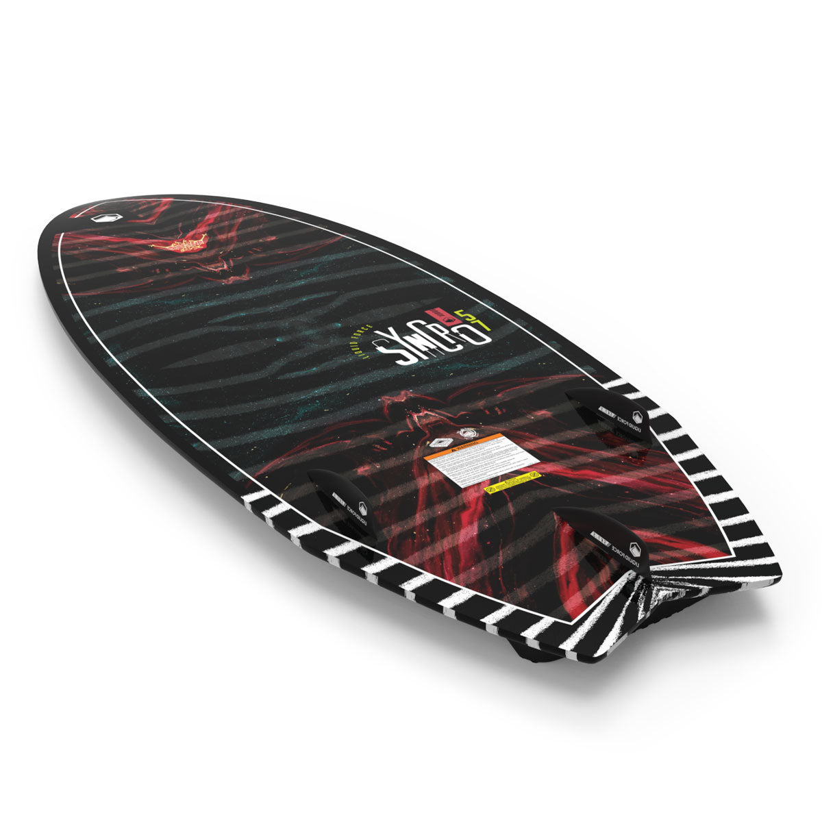 Liquid Force wakesurfer, black/red pattern with fins and a logo on top.