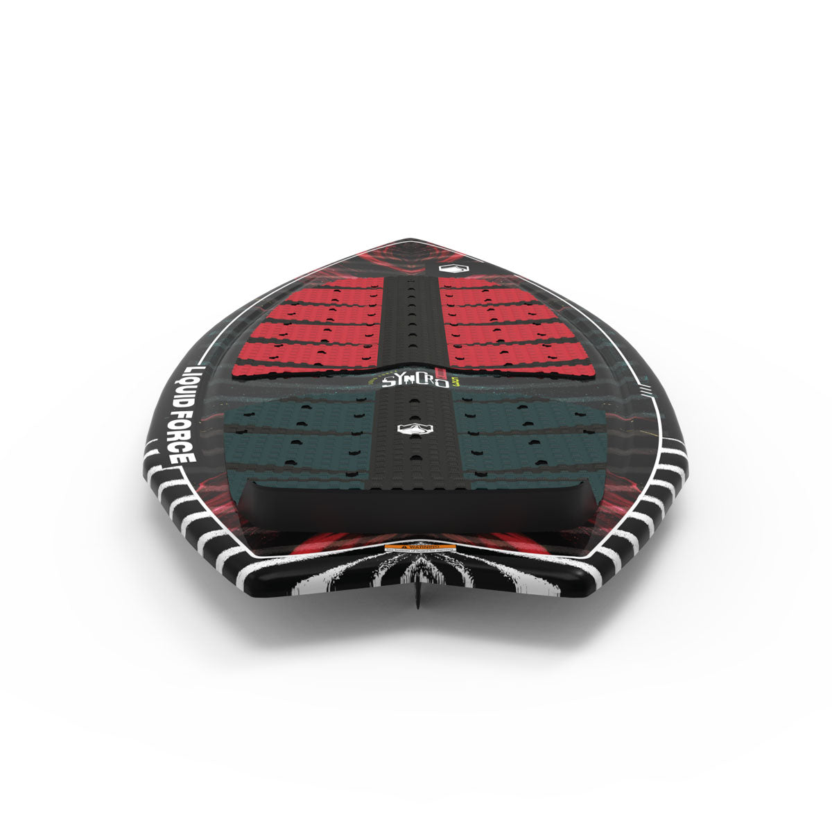 Wakesurfboard, top view, featuring red and black traction pads.