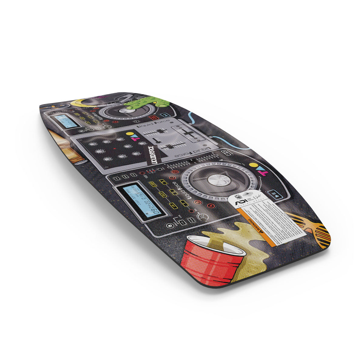 Angled bottom view of a wakeskate with DJ turntable and vibrant graphics against a white background.