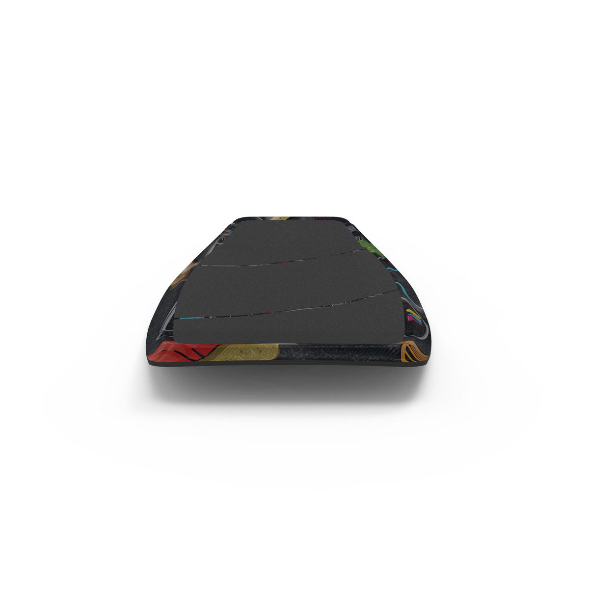 Front view of wakeskate top sheet with colorful edges, black grip pad, against a white background.