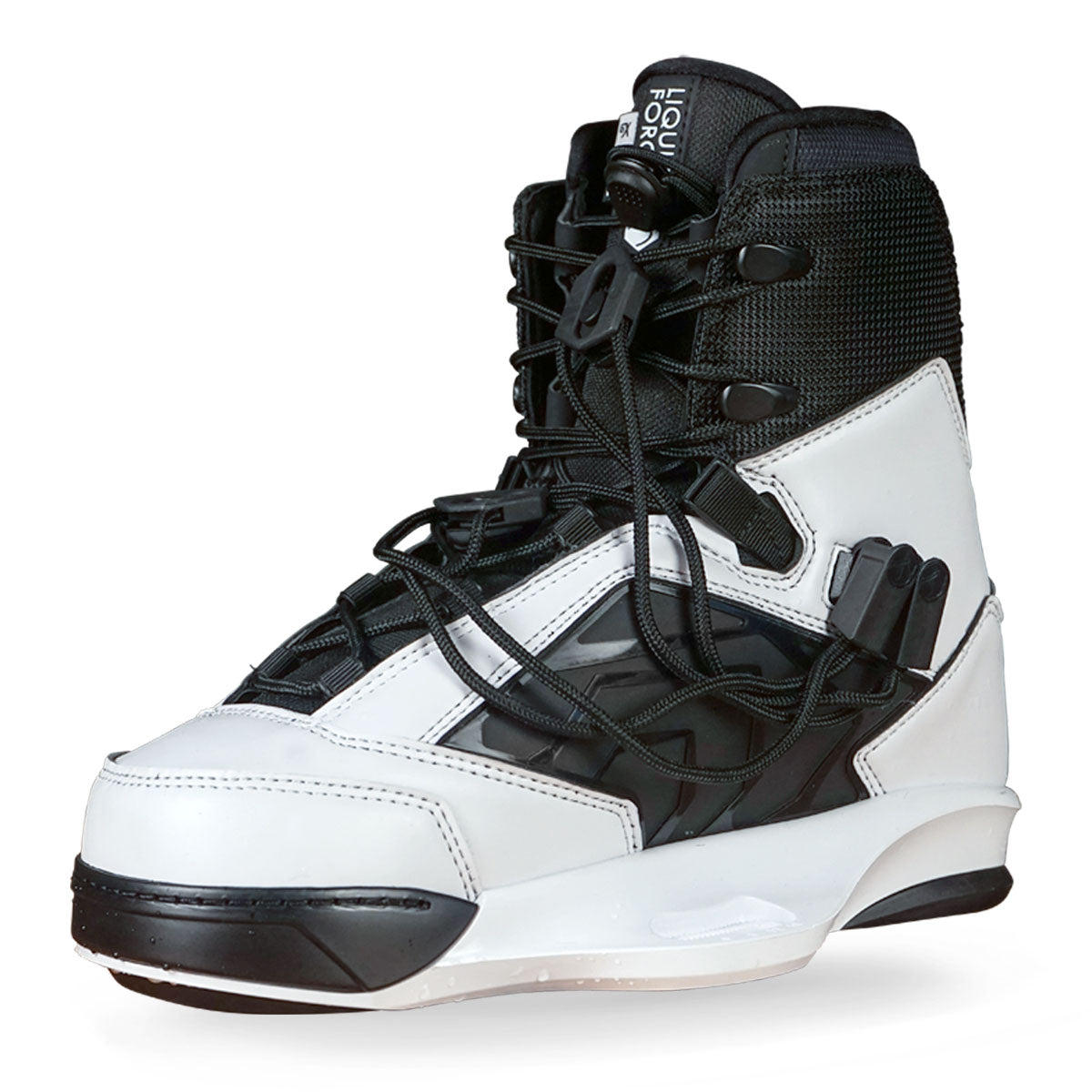Black and white high-cuff wakeboard bindings with laces, textured detailing, and a stylish elements.