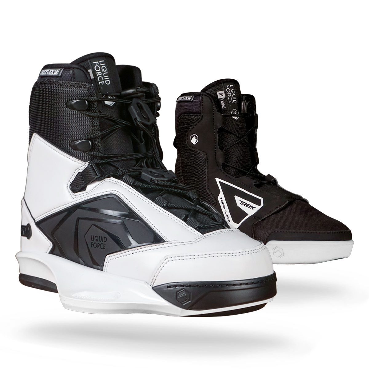 High-cuff wakeboard bindings in black and white with lace-up front.